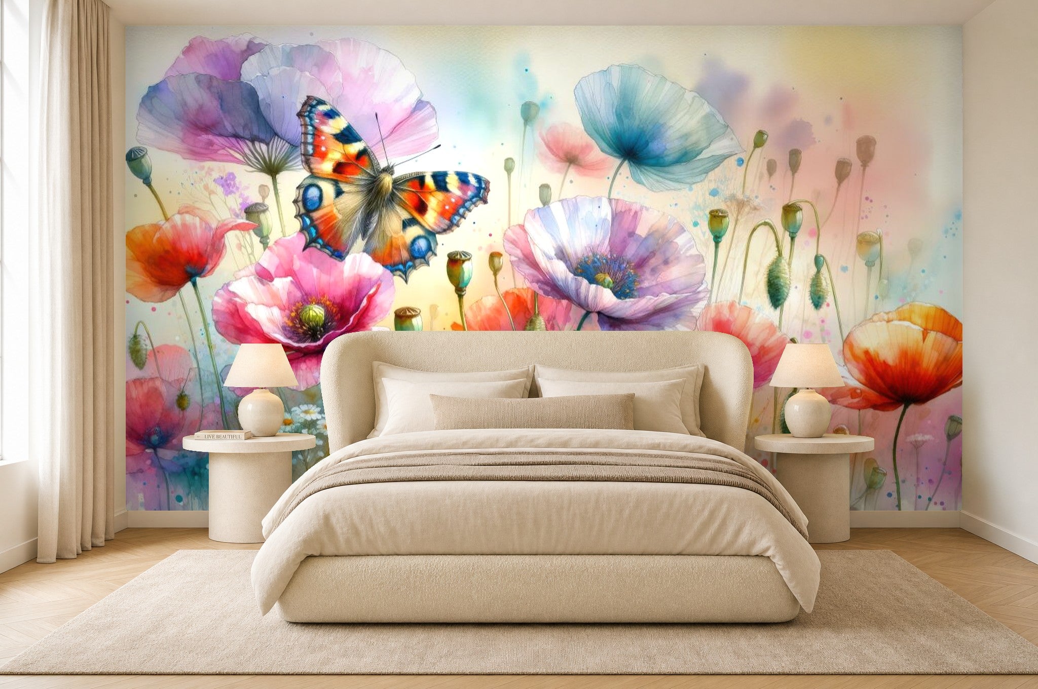 colourful floral wallpaper in a bedroom