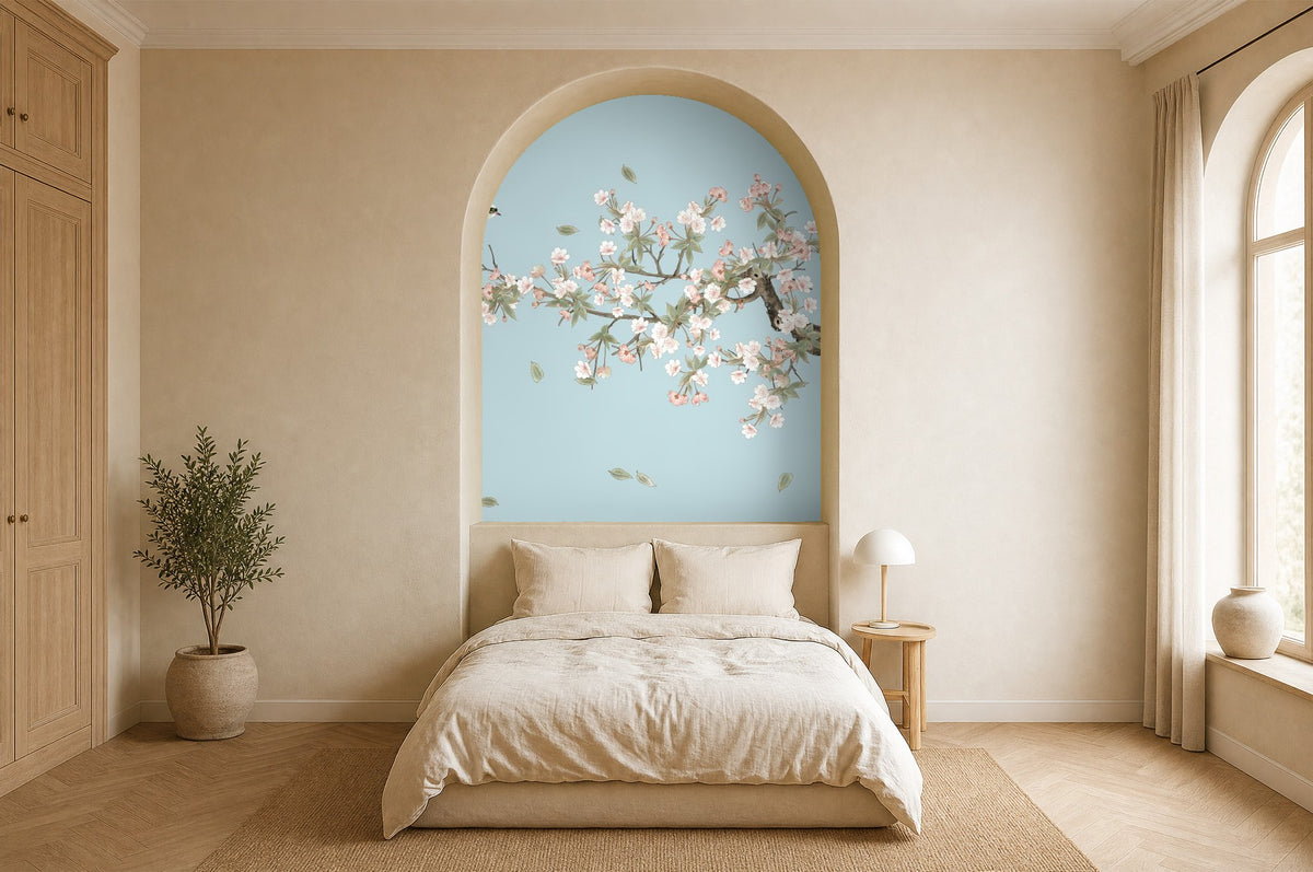 cherry blossom white wallpaper bedroom feature wall