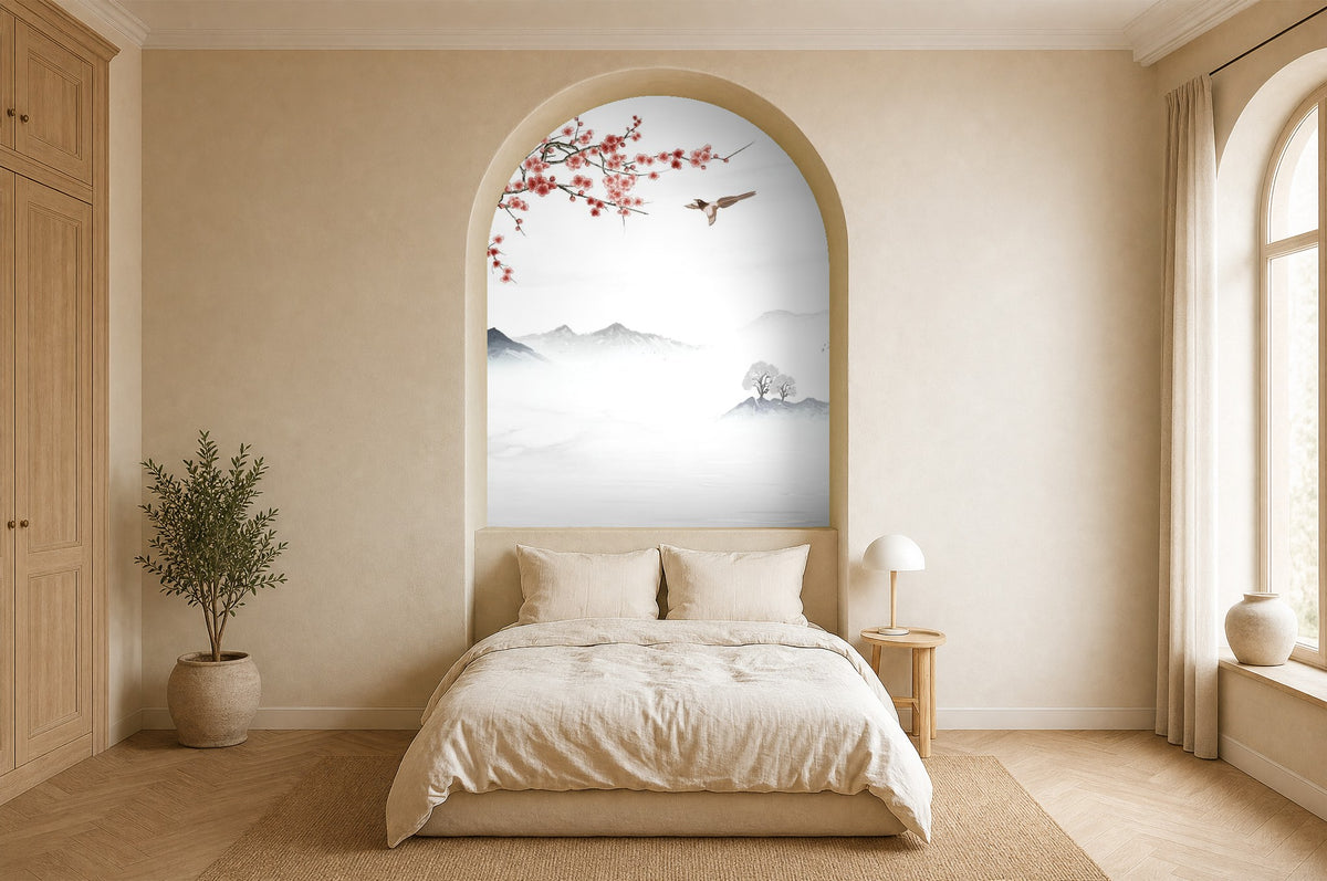 cherry blossom mountain wallpaper in a bedroom