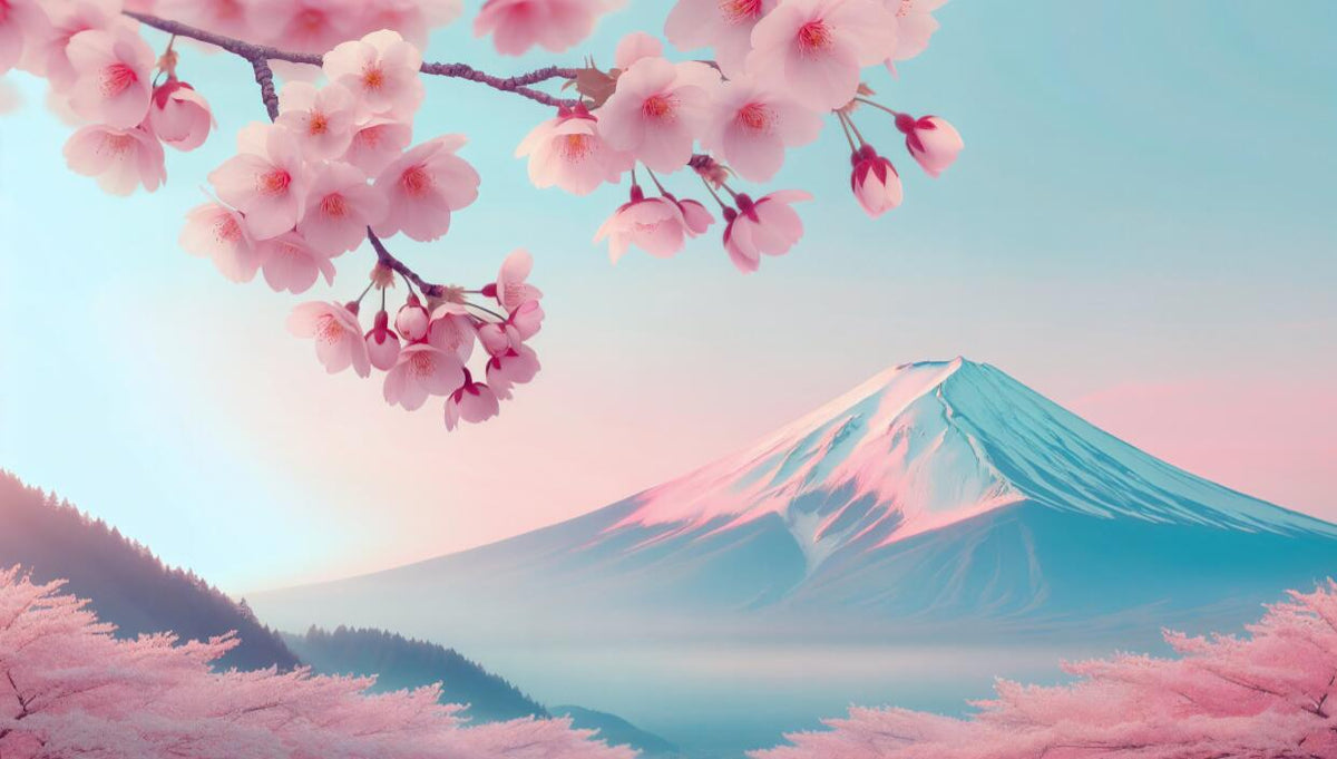 mount fuji cherry blossom wallpaper flat panoramic motif