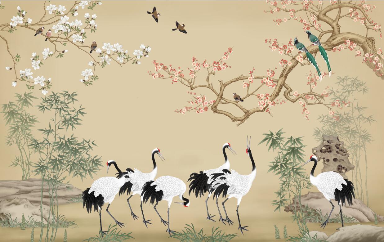 Oriental Crane Wallpaper flat pattern design