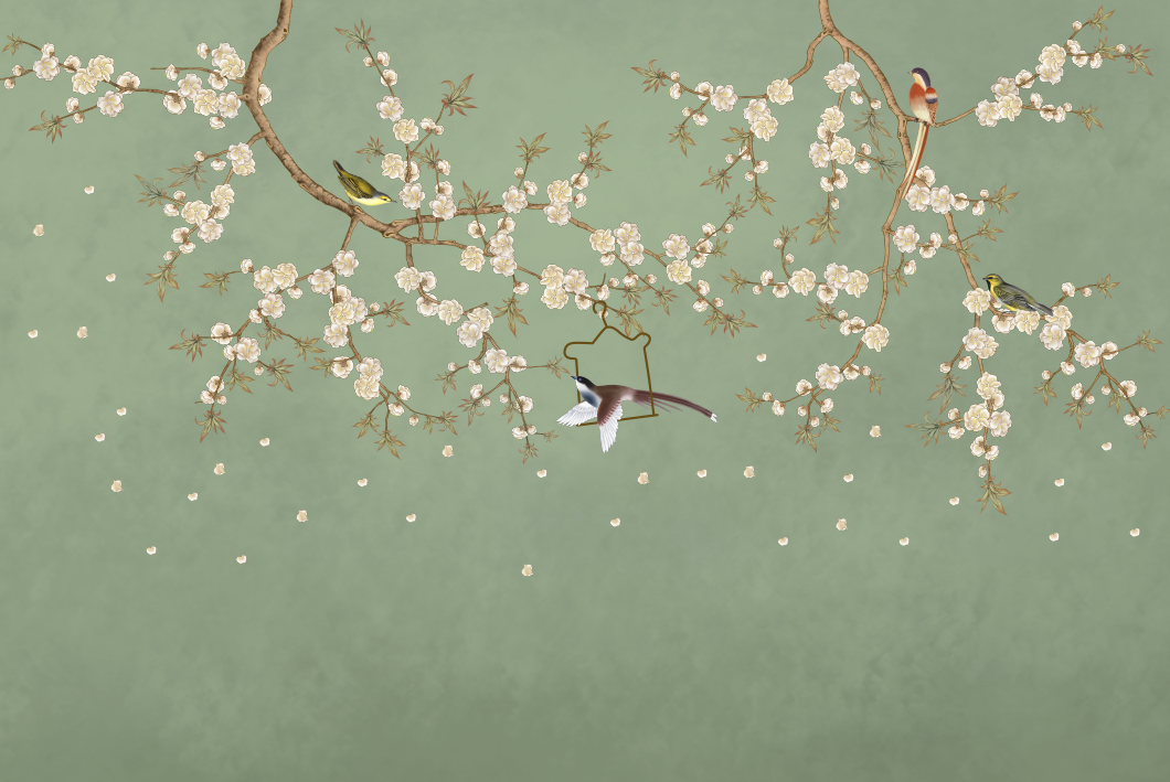 chinoiserie cherry blossom wallpaper flat panoramic motif