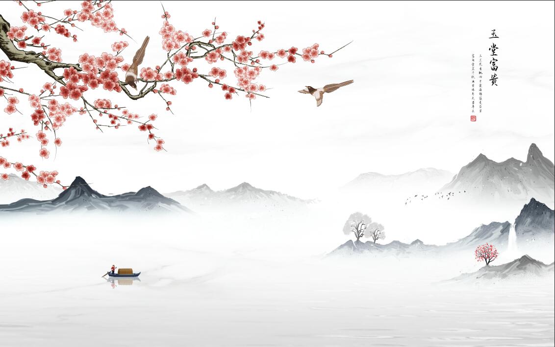 cherry blossom mountain wallpaper flat panoramic motif
