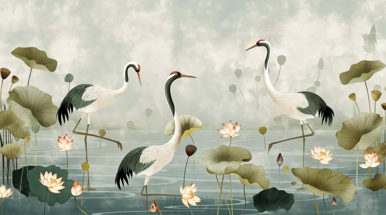 Crane Mural Wallpaper flat pattern design