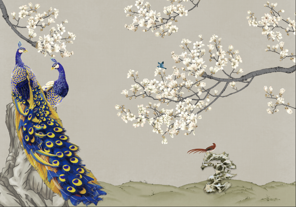 Blue and White Peacock Wallpaper design