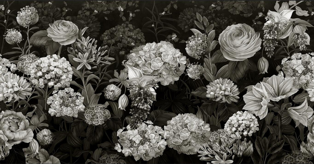 black and white floral wallpaper flat repeat motif