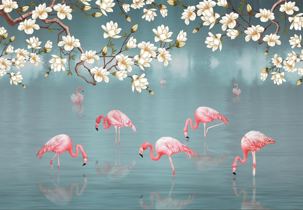 Blue and Pink Flamingo Wallpaper design