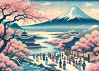 mt fuji cherry blossom wallpaper flat panoramic motif