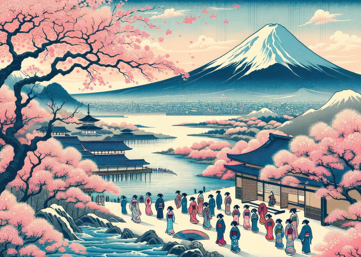 mt fuji cherry blossom wallpaper flat panoramic motif