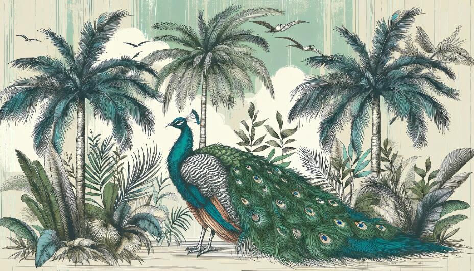 Navy peacock wallpaper flat repeat motif