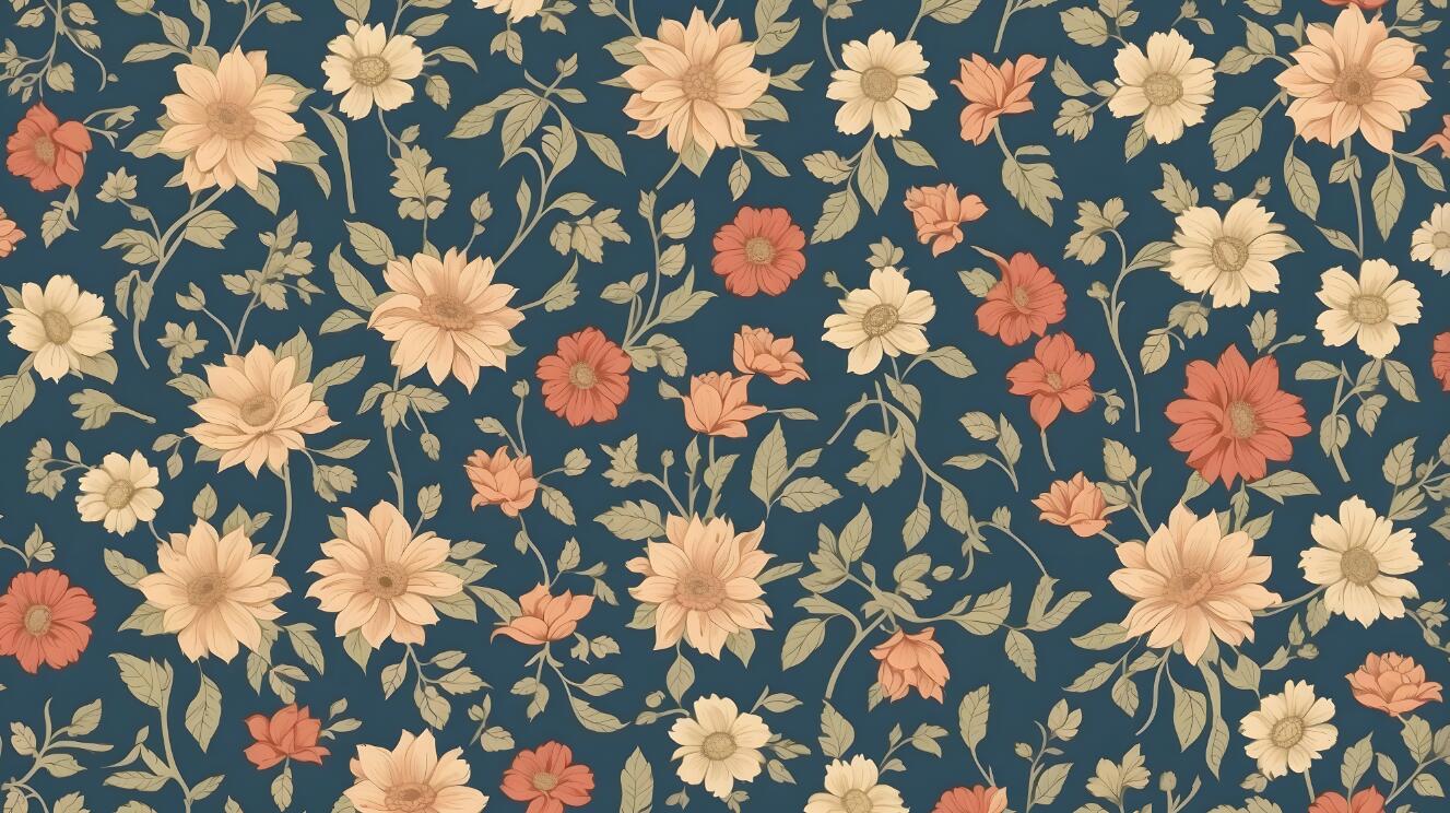 navy floral wallpaper flat repeat motif