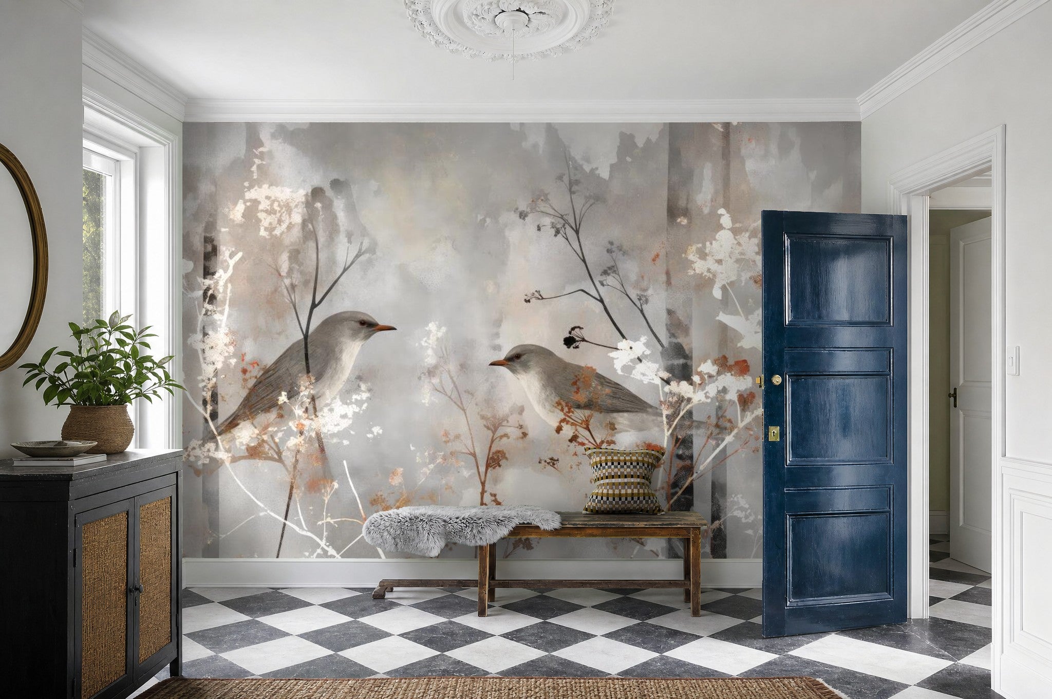 Grey bird wallpaper — hallway scene
