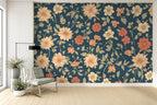 navy floral wallpaper living room wall