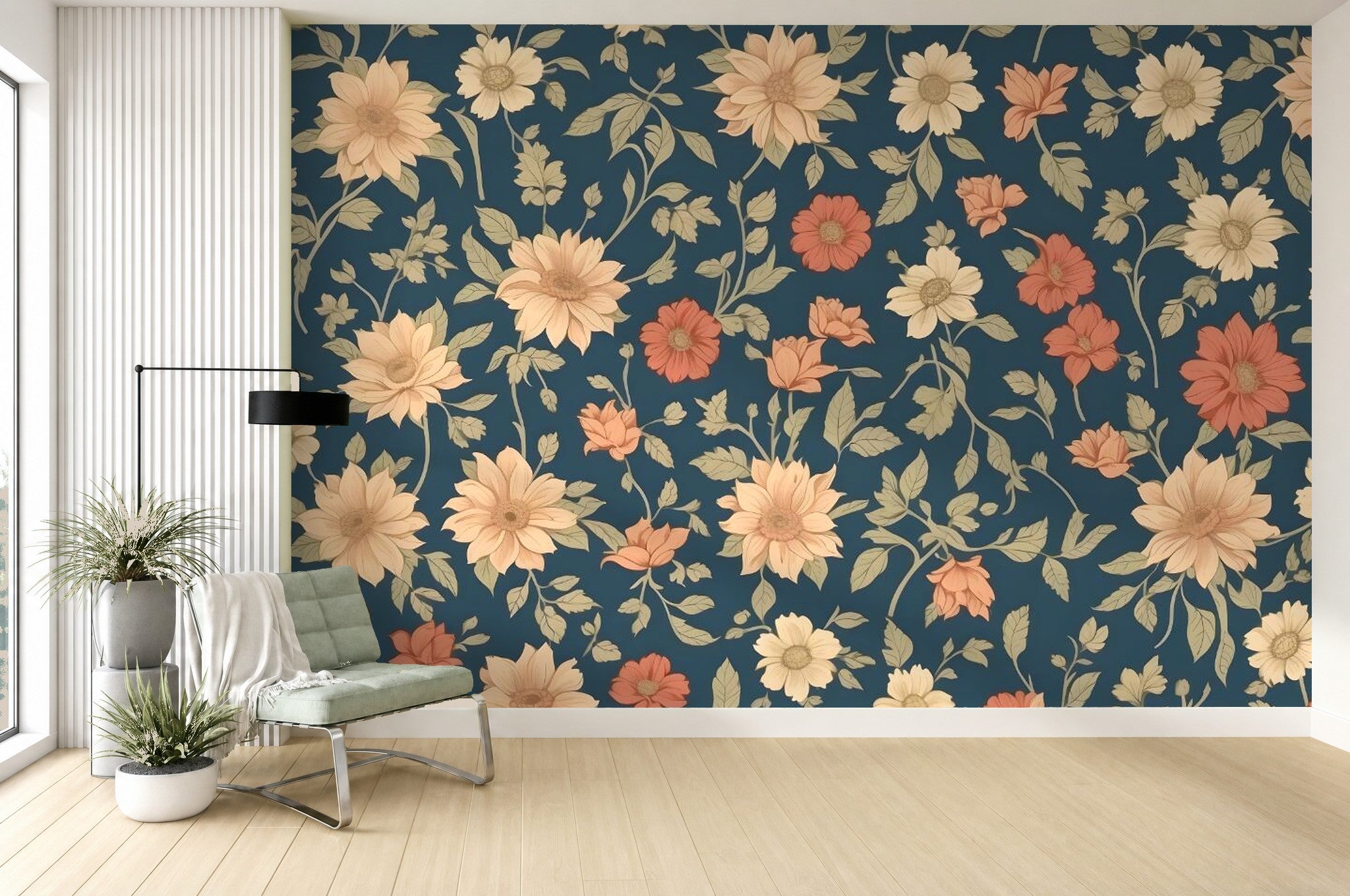 navy floral wallpaper living room wall