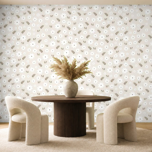 beige floral wallpaper dining room wall