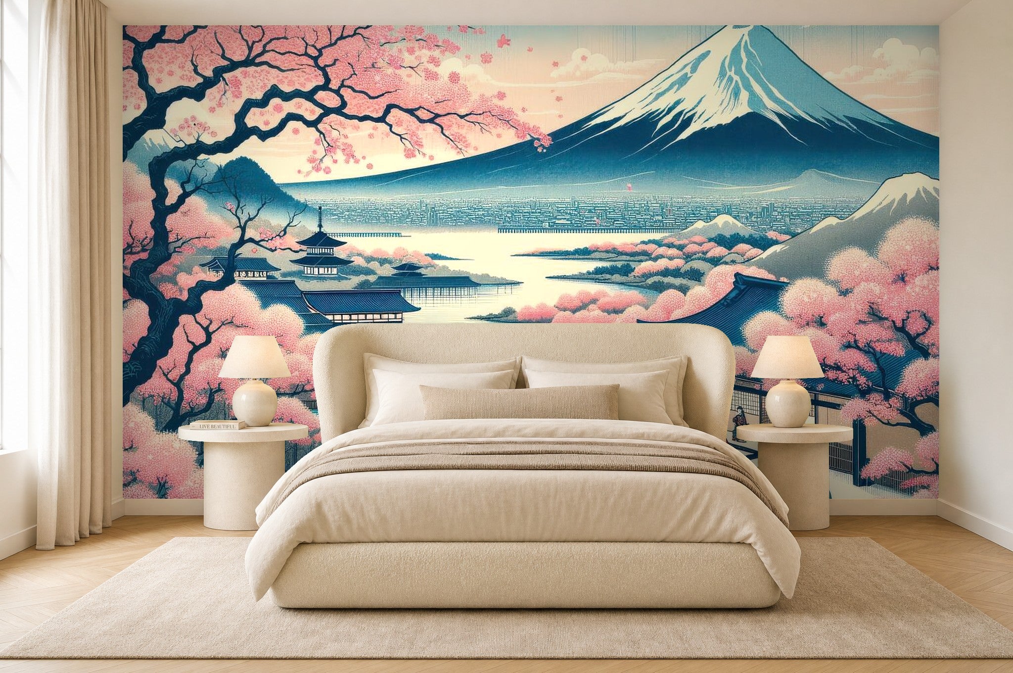 mt fuji cherry blossom wallpaper bedroom feature wall