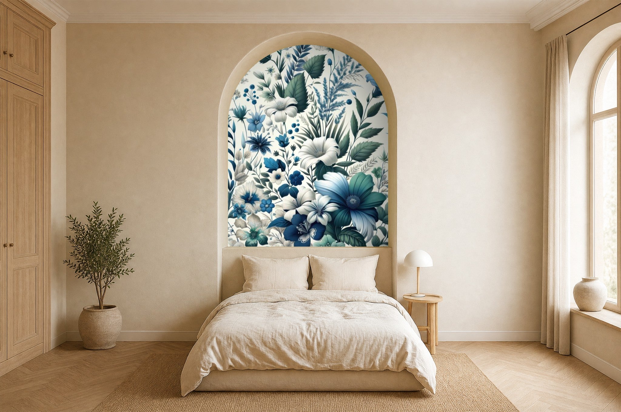 light blue floral wallpaper in a bedroom