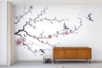 floral with birds wallpaper living room feature wall