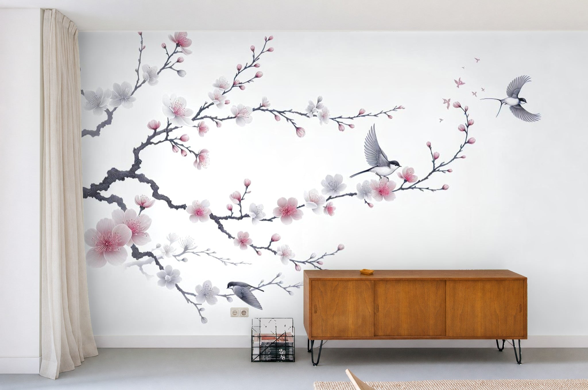 floral with birds wallpaper living room feature wall