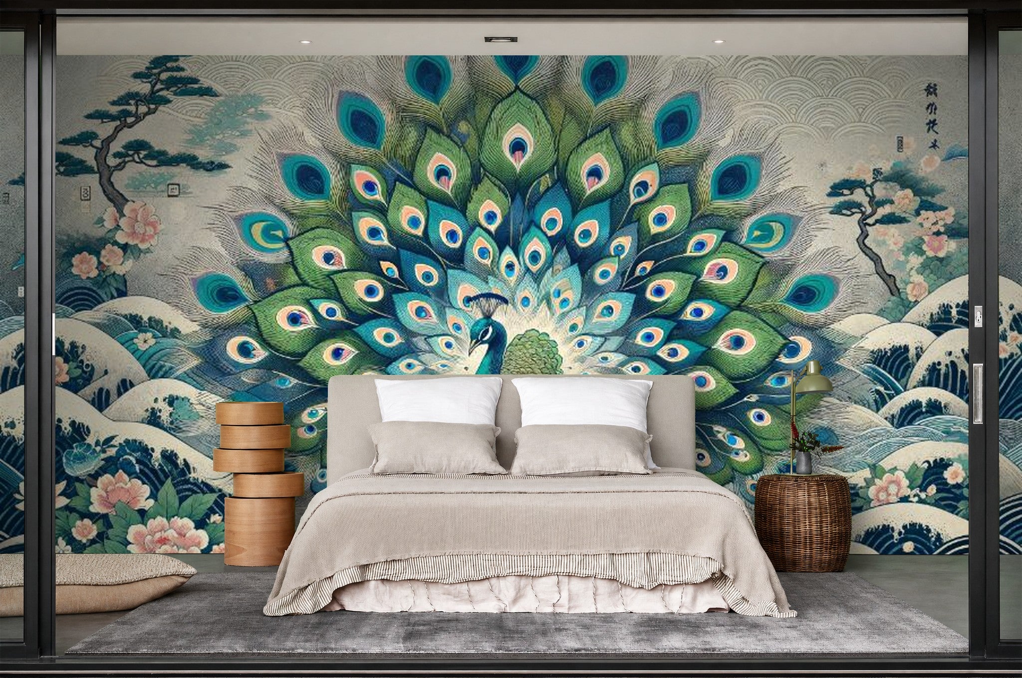 Peacock wallpaper for bedrooms — room scene