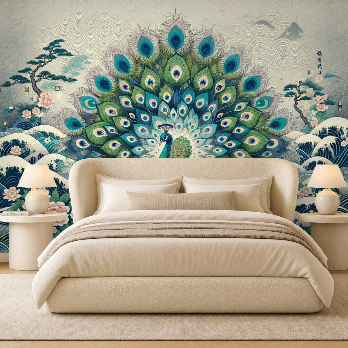 Peacock wallpaper for bedrooms — mural behind a styled bed