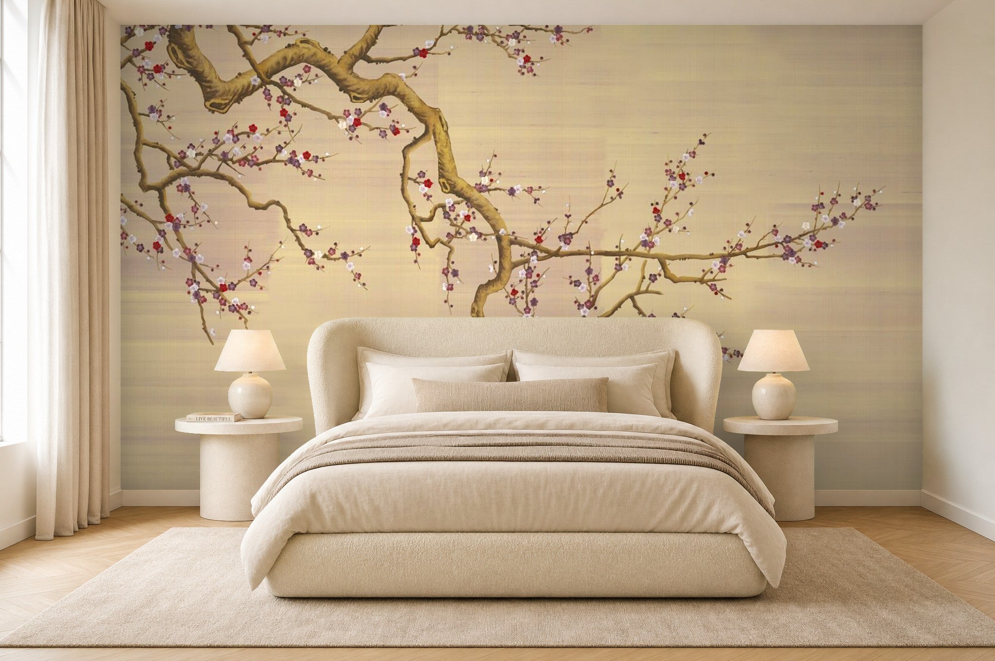 beige cherry blossom wallpaper bedroom wall