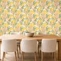 yellow floral wallpaper kitchen feature wall