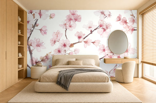 blossom wallpaper in a bedroom