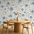 blue rose wallpaper dining room feature wall