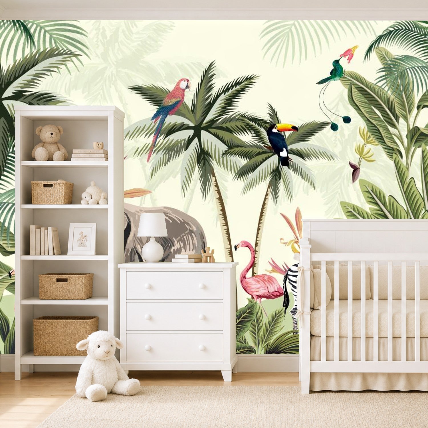 Green flamingo wallpaper — mural in a nursery