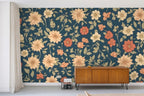navy floral wallpaper living room feature wall