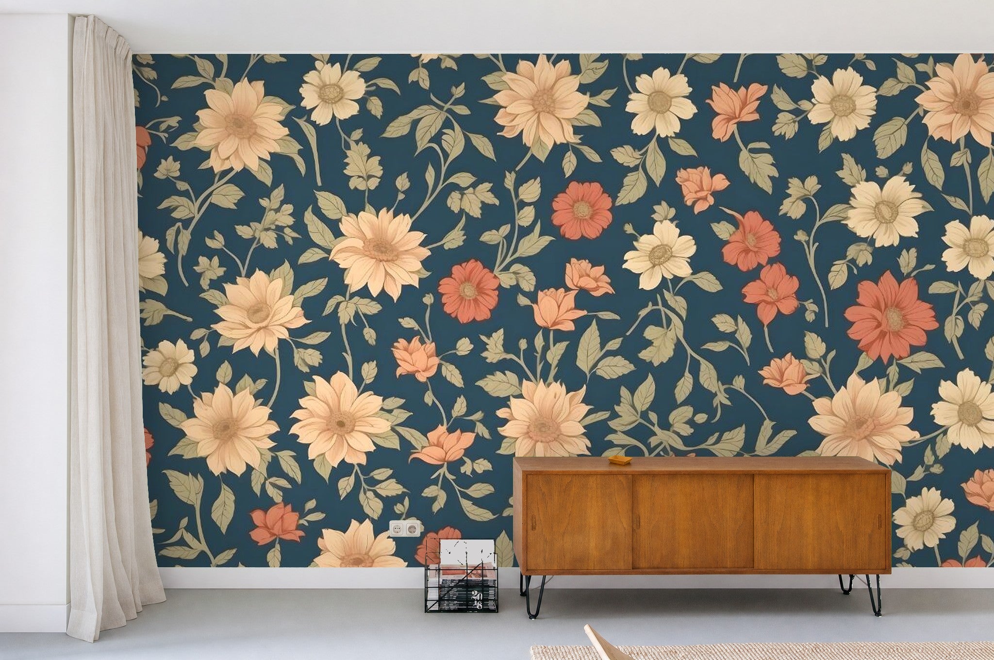 navy floral wallpaper living room feature wall