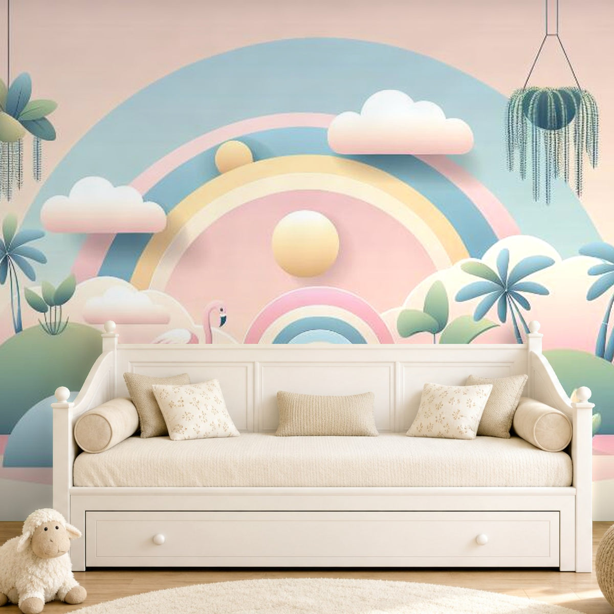 Summer flamingo wallpaper — children's room scene