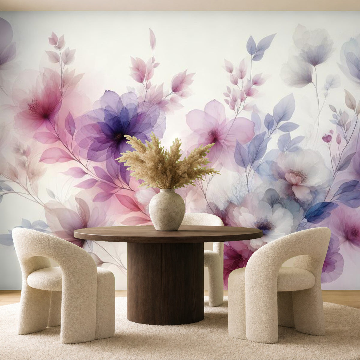 purple floral wallpaper dining room wall