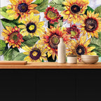 sunflower wallpaper kitchen feature wall