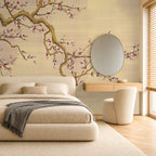 beige cherry blossom wallpaper bedroom feature wall