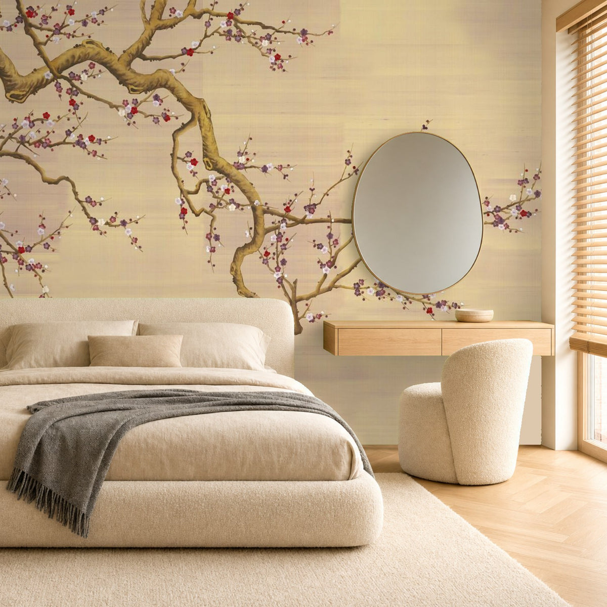 beige cherry blossom wallpaper bedroom feature wall