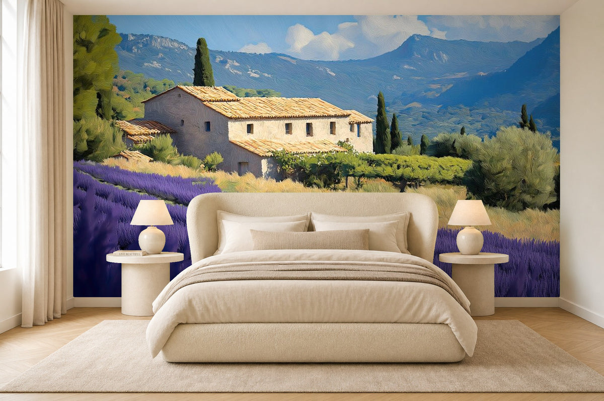 green lavender wallpaper in a bedroom