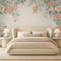 gold rose wallpaper bedroom feature wall