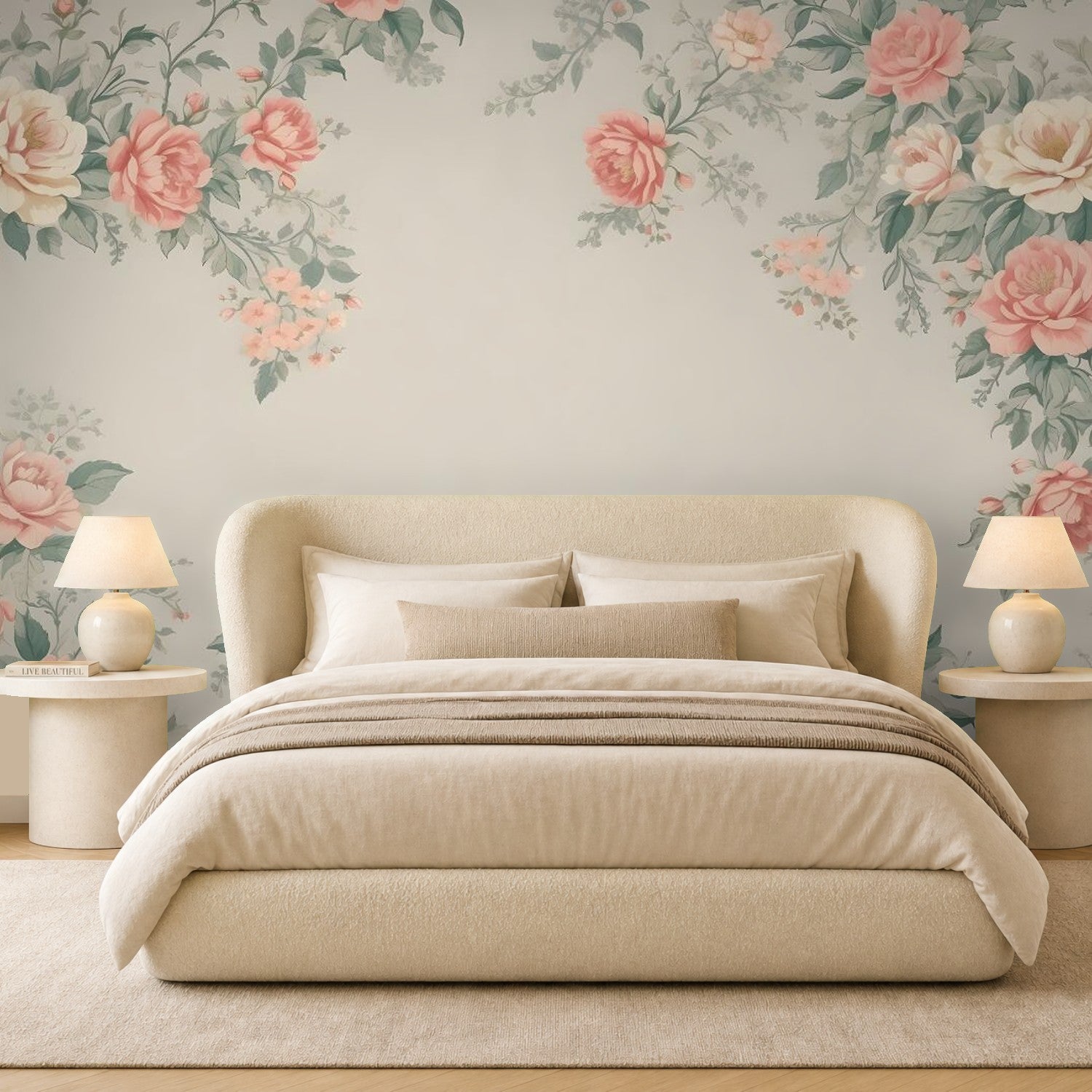gold rose wallpaper bedroom feature wall