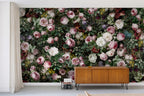 dark rose wallpaper living room feature wall