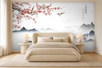 cherry blossom mountain wallpaper in a bedroom