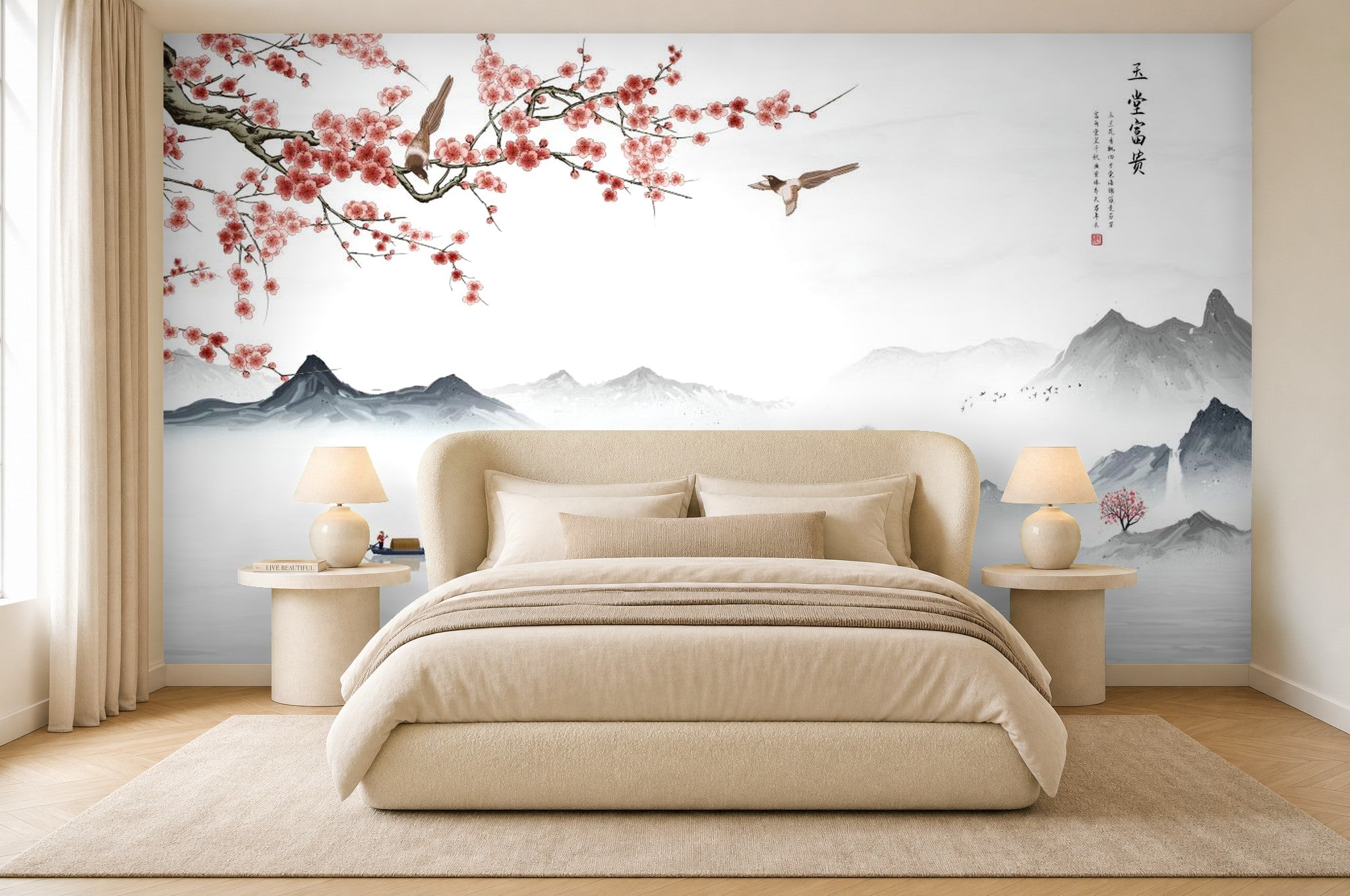 cherry blossom mountain wallpaper in a bedroom