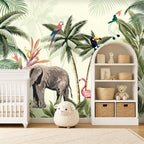 Green flamingo wallpaper — nursery scene