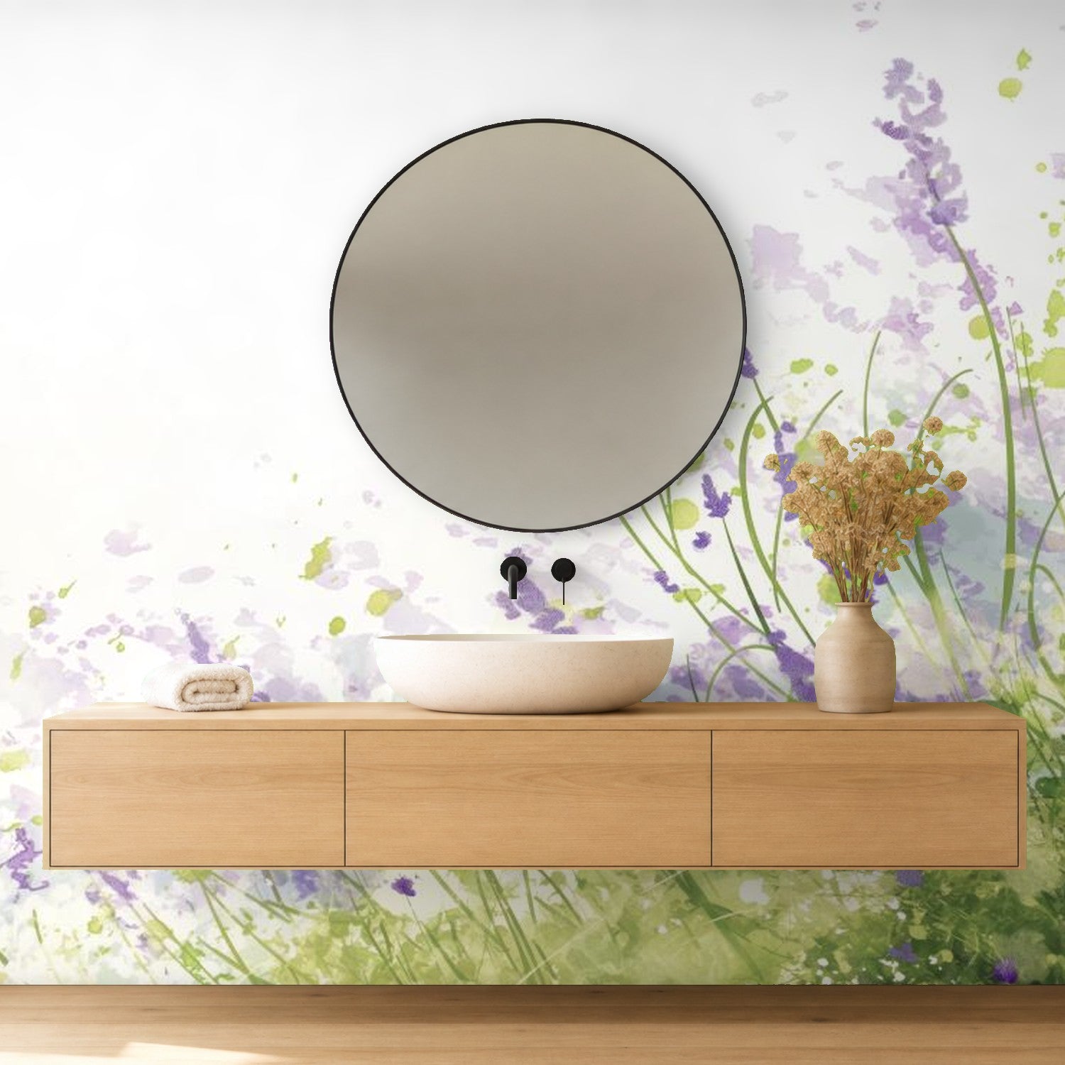 lavender wallpaper in a bathroom