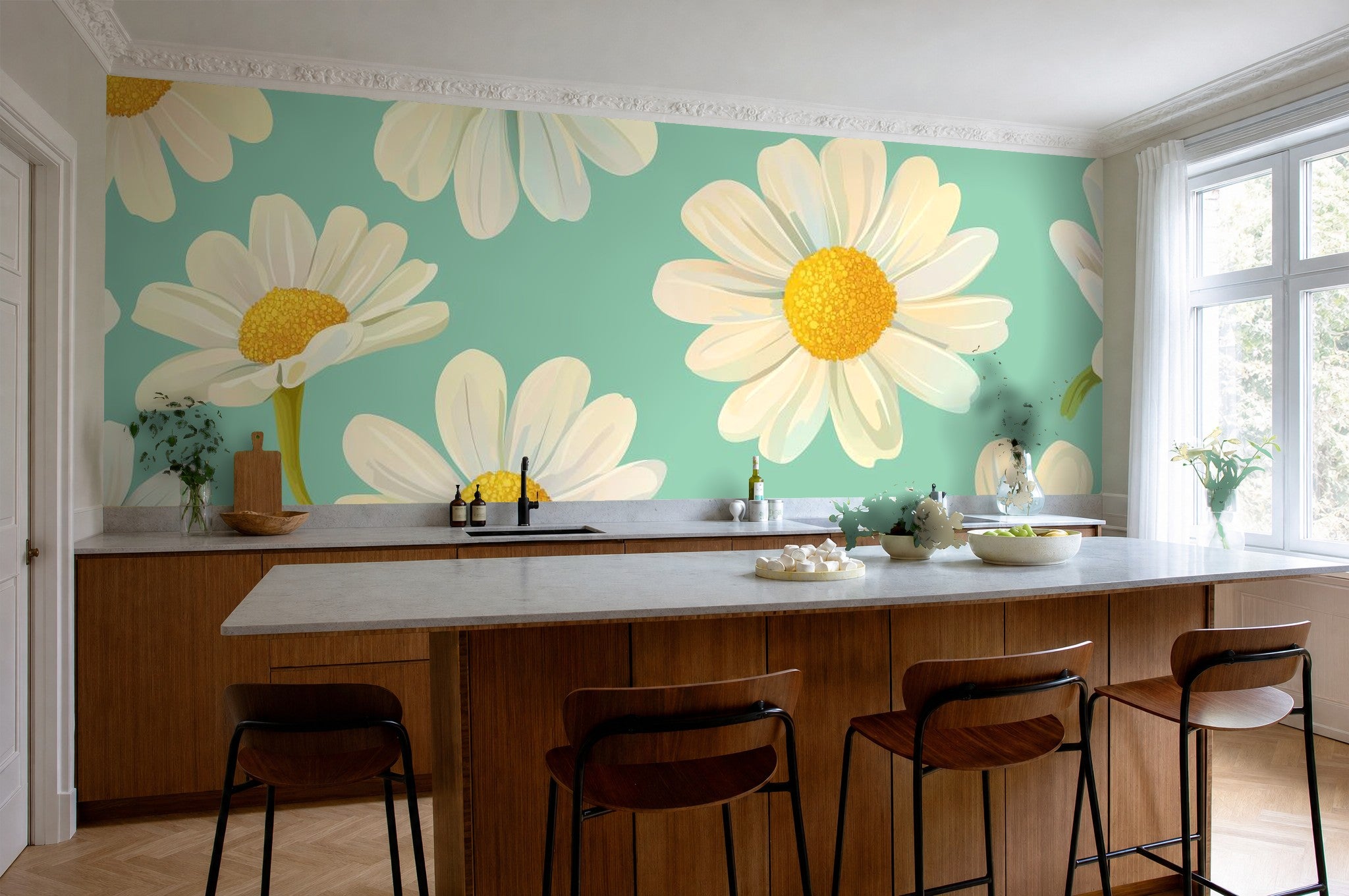 daisy wallpaper kitchen feature wall