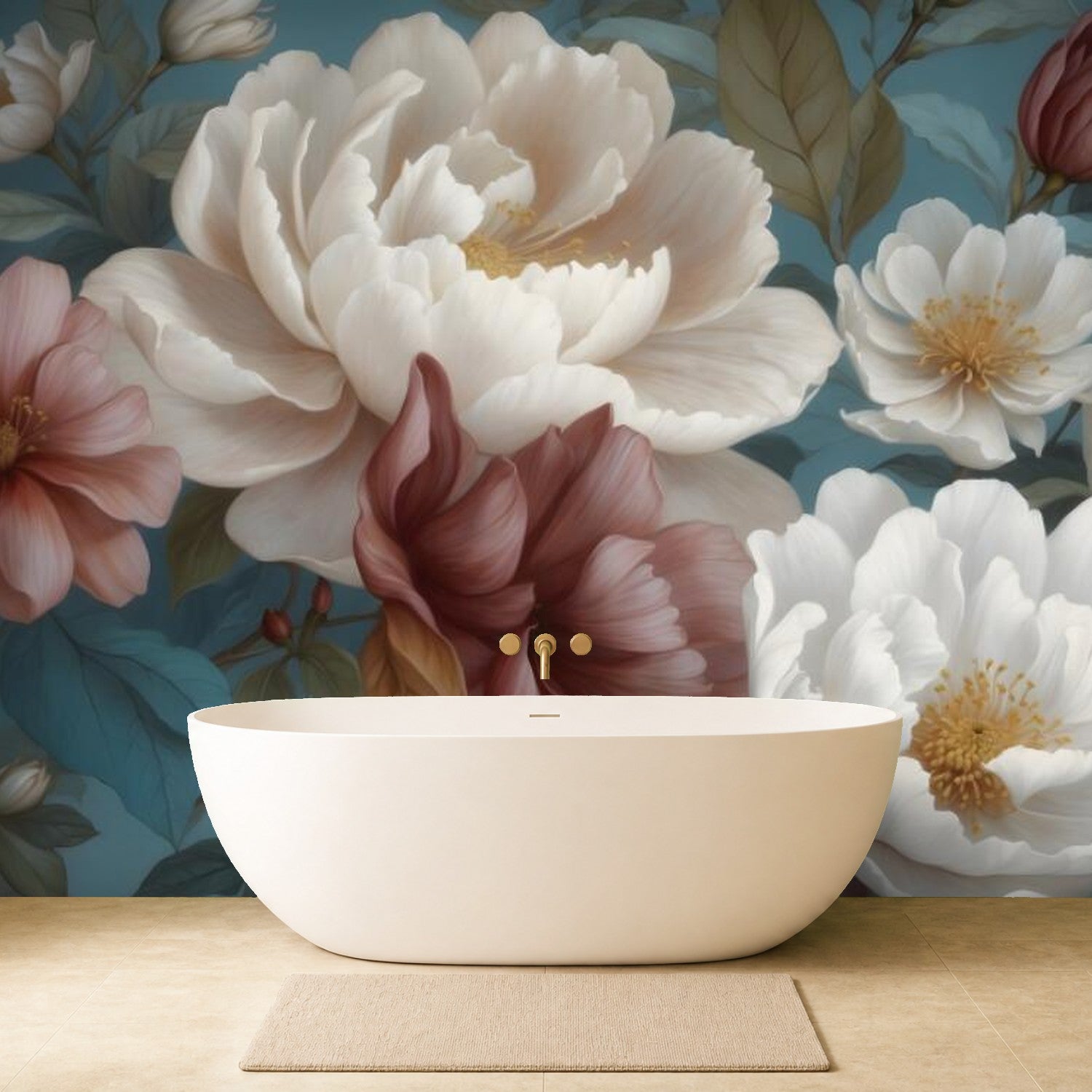 blue and white floral wallpaper bathroom feature wall