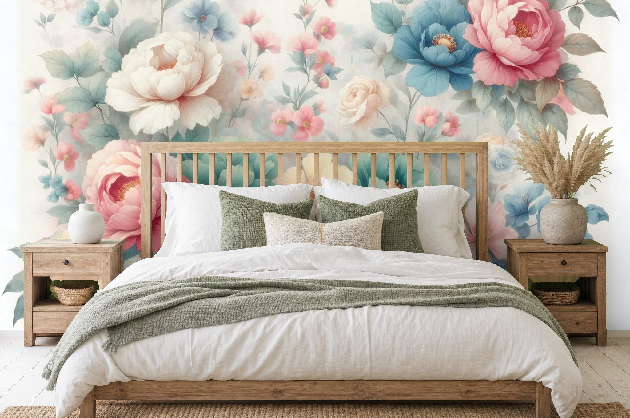 peony sage wallpaper in a bedroom