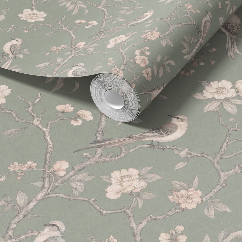 Sage green wallpaper with birds