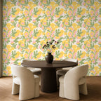 yellow floral wallpaper dining room wall